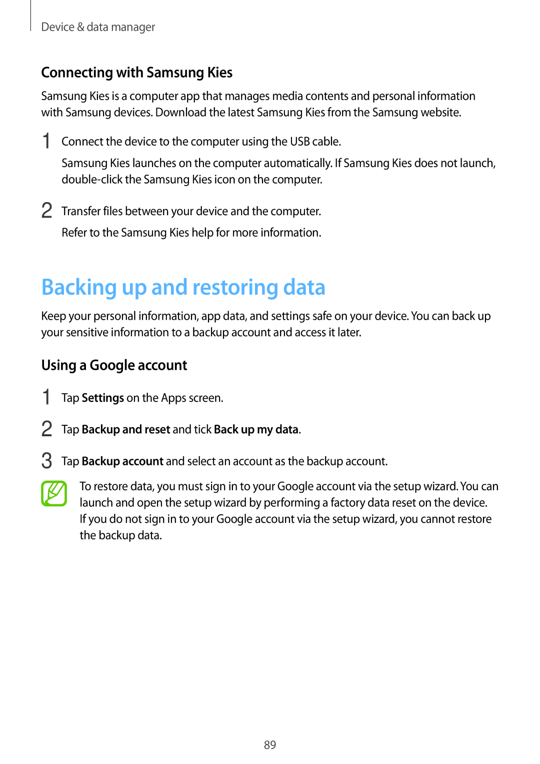 Samsung SM-G313HHANITV, SM-G313HRWNDBT Backing up and restoring data, Connecting with Samsung Kies, Using a Google account 