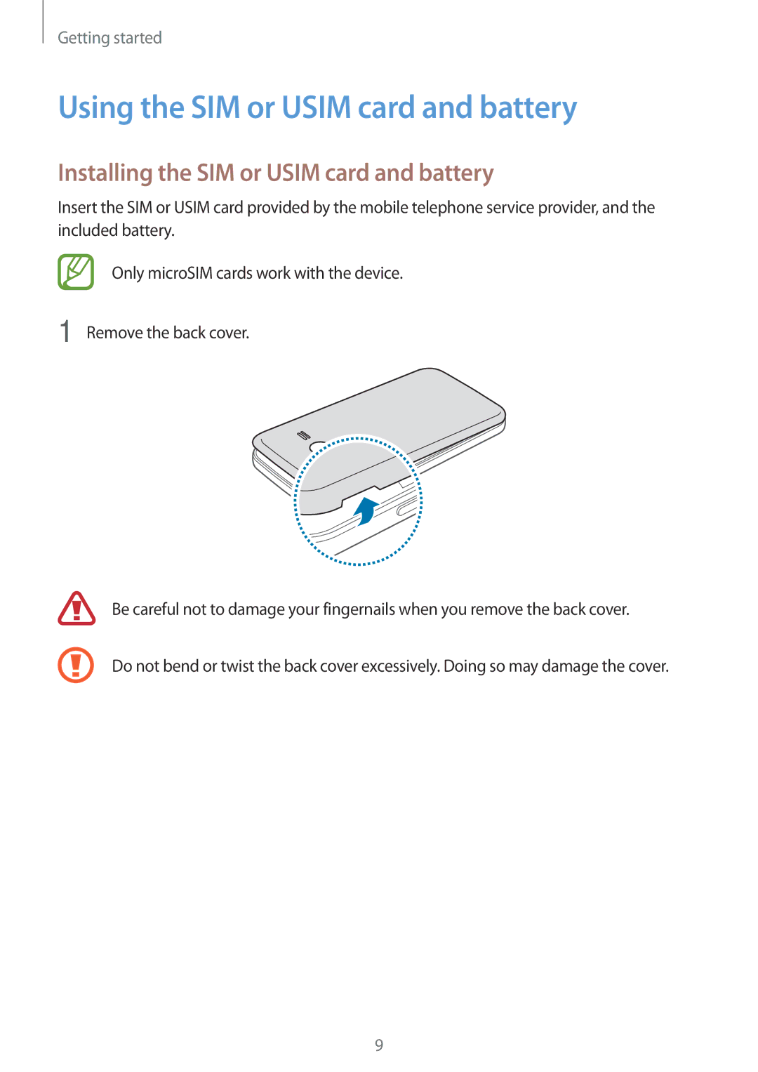 Samsung SM-G313HHANBGL, SM-G313HRWNDBT Using the SIM or Usim card and battery, Installing the SIM or Usim card and battery 