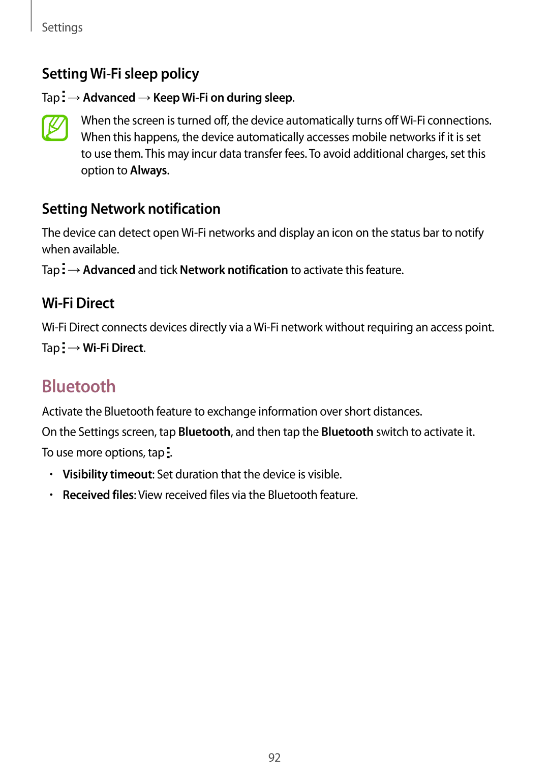 Samsung SM-G313HRWNPHE, SM-G313HRWNDBT Bluetooth, Setting Wi-Fi sleep policy, Setting Network notification, Wi-Fi Direct 