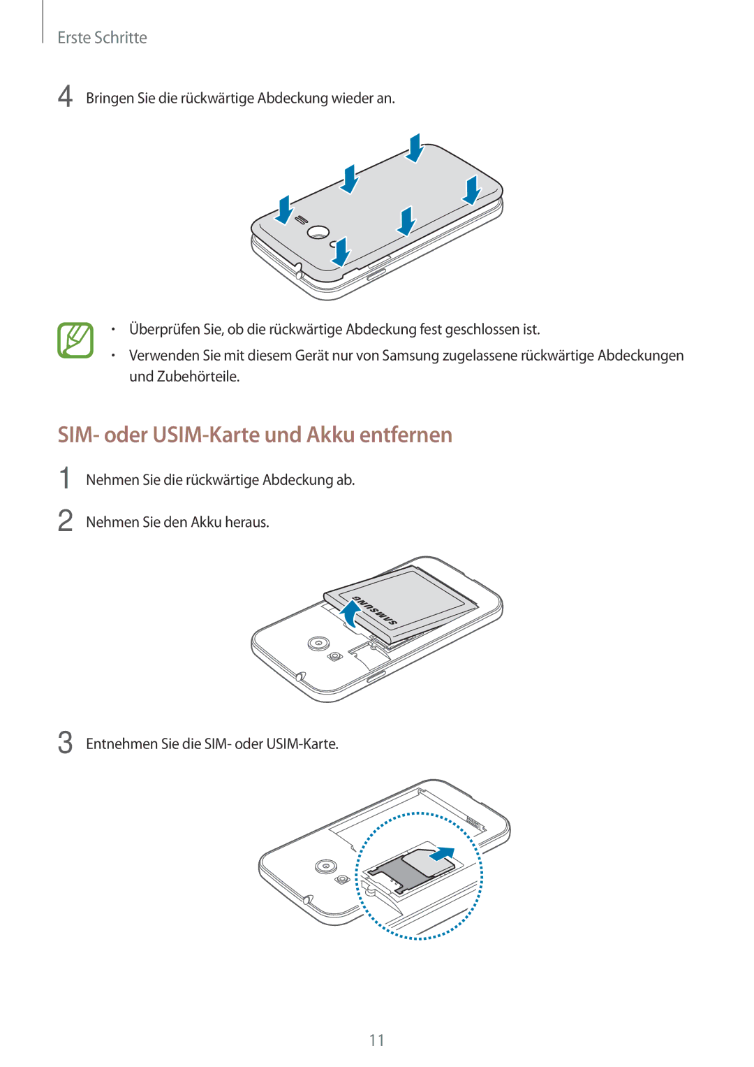 Samsung SM-G313HHANSEB, SM-G313HRWNDBT, SM-G313HRWNSEB, SM-G313HHANDBT manual SIM- oder USIM-Karte und Akku entfernen 