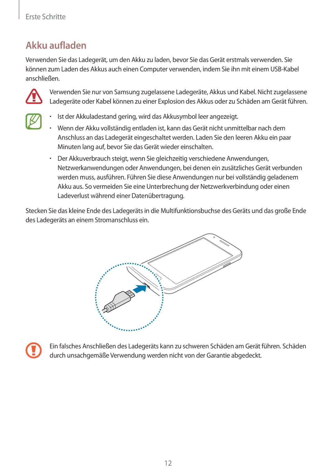 Samsung SM-G313HRWNDBT, SM-G313HRWNSEB, SM-G313HHANDBT, SM-G313HHANSEB manual Akku aufladen 