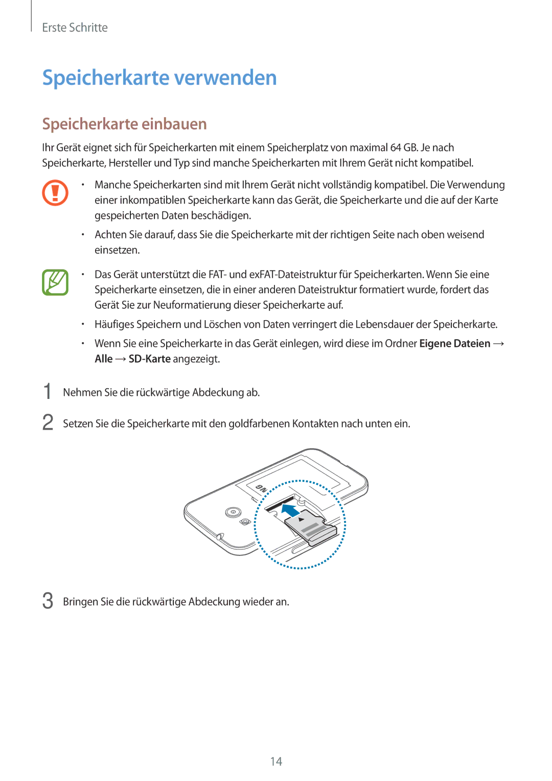 Samsung SM-G313HHANDBT, SM-G313HRWNDBT, SM-G313HRWNSEB, SM-G313HHANSEB manual Speicherkarte verwenden, Speicherkarte einbauen 