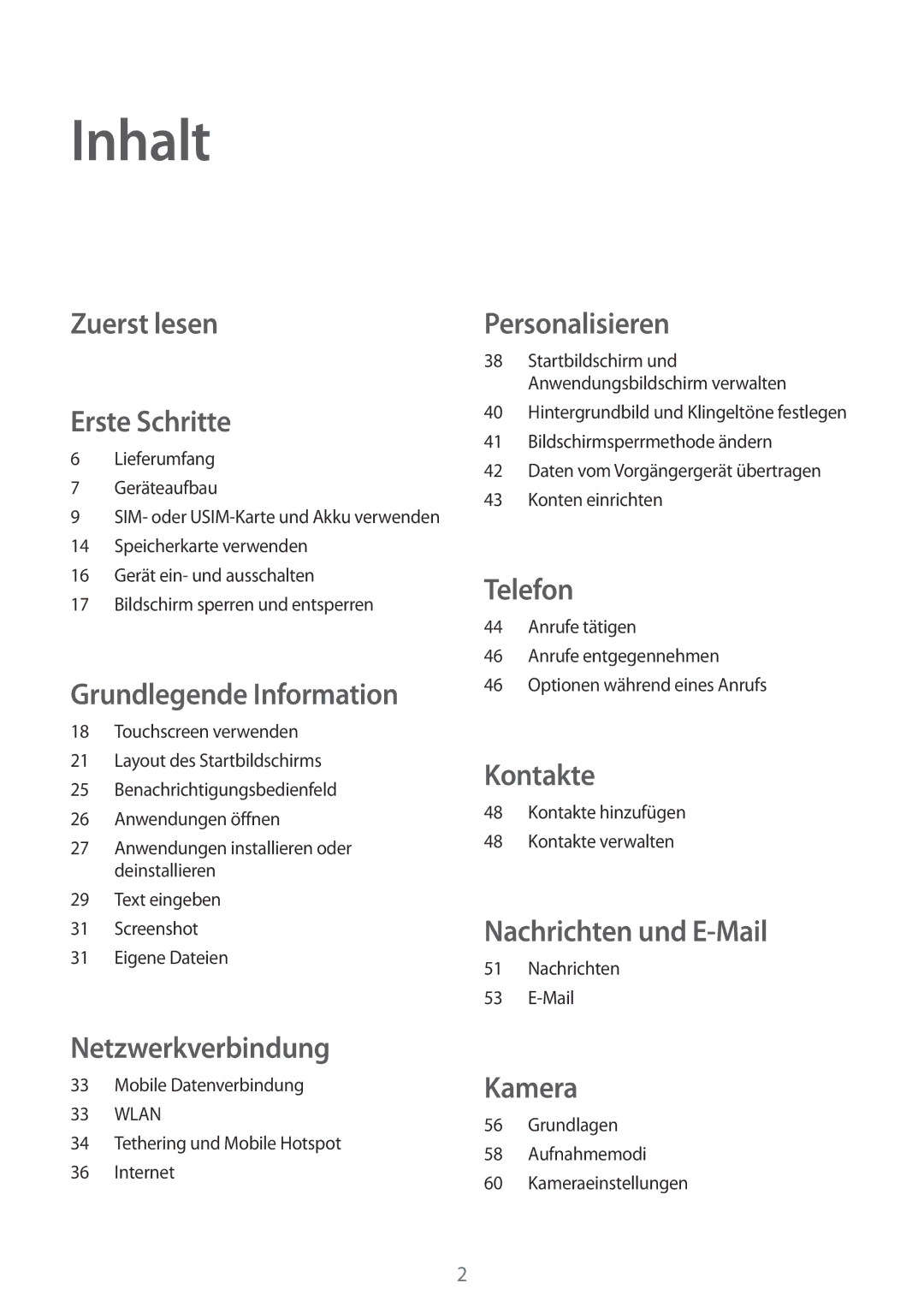 Samsung SM-G313HHANDBT, SM-G313HRWNDBT, SM-G313HRWNSEB, SM-G313HHANSEB manual Inhalt, Zuerst lesen Erste Schritte 