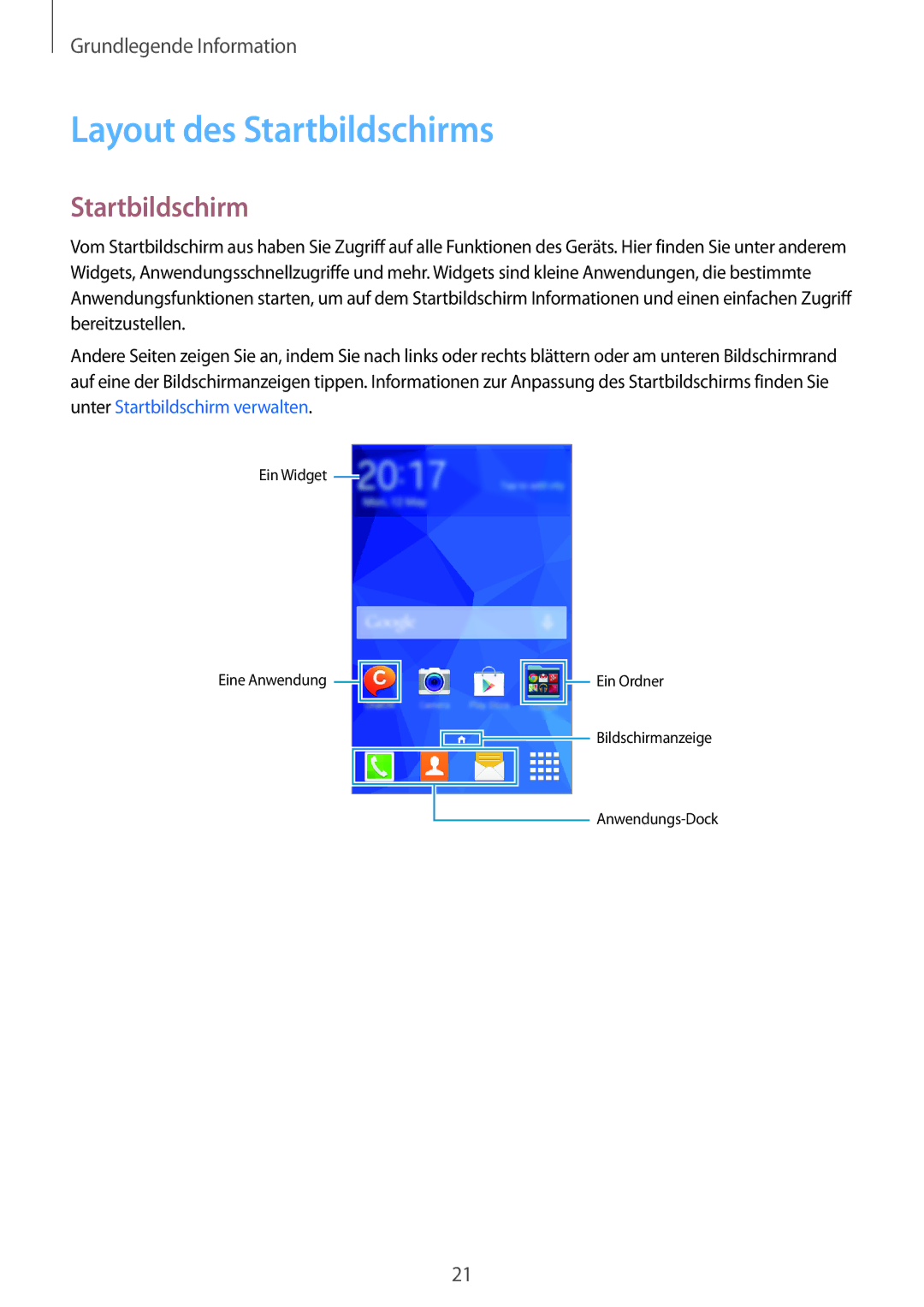 Samsung SM-G313HRWNSEB, SM-G313HRWNDBT, SM-G313HHANDBT, SM-G313HHANSEB manual Layout des Startbildschirms 