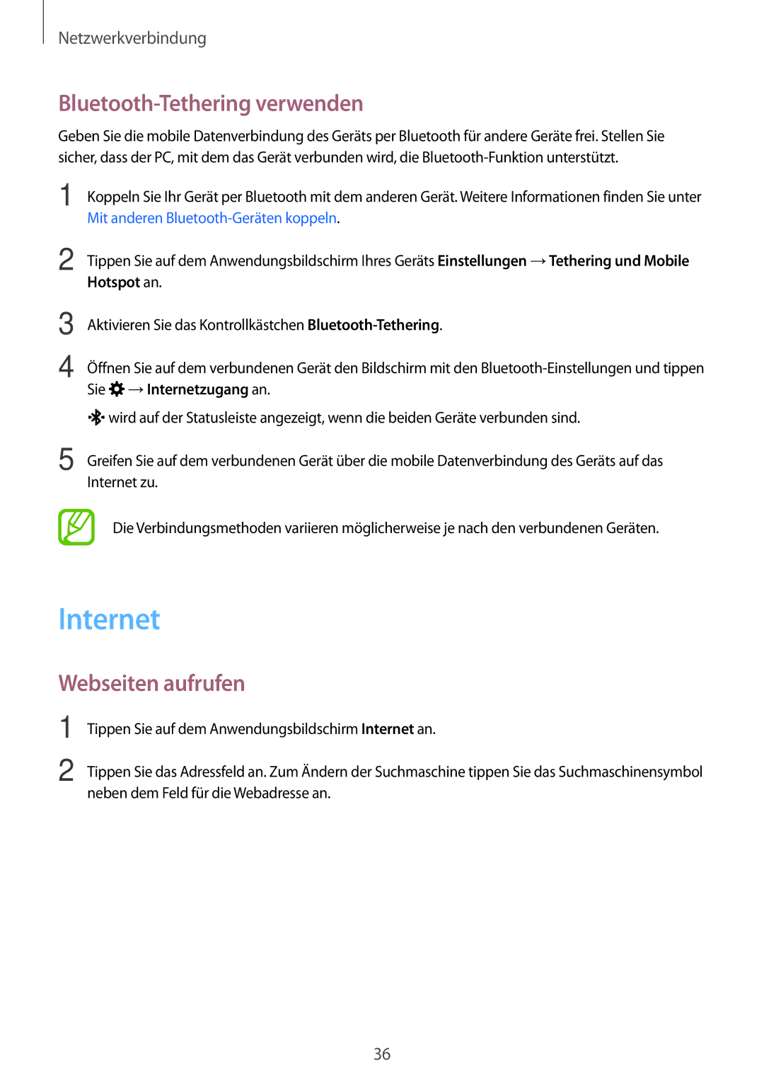 Samsung SM-G313HRWNDBT, SM-G313HRWNSEB, SM-G313HHANDBT manual Internet, Bluetooth-Tethering verwenden, Webseiten aufrufen 
