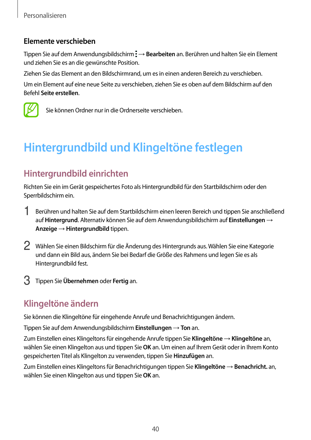 Samsung SM-G313HRWNDBT manual Hintergrundbild und Klingeltöne festlegen, Hintergrundbild einrichten, Klingeltöne ändern 