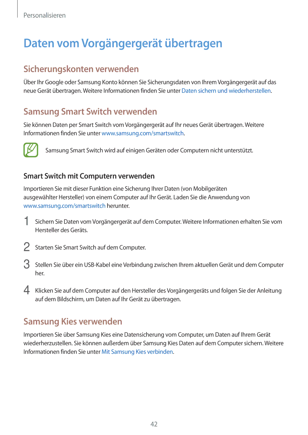 Samsung SM-G313HHANDBT Daten vom Vorgängergerät übertragen, Sicherungskonten verwenden, Samsung Smart Switch verwenden 