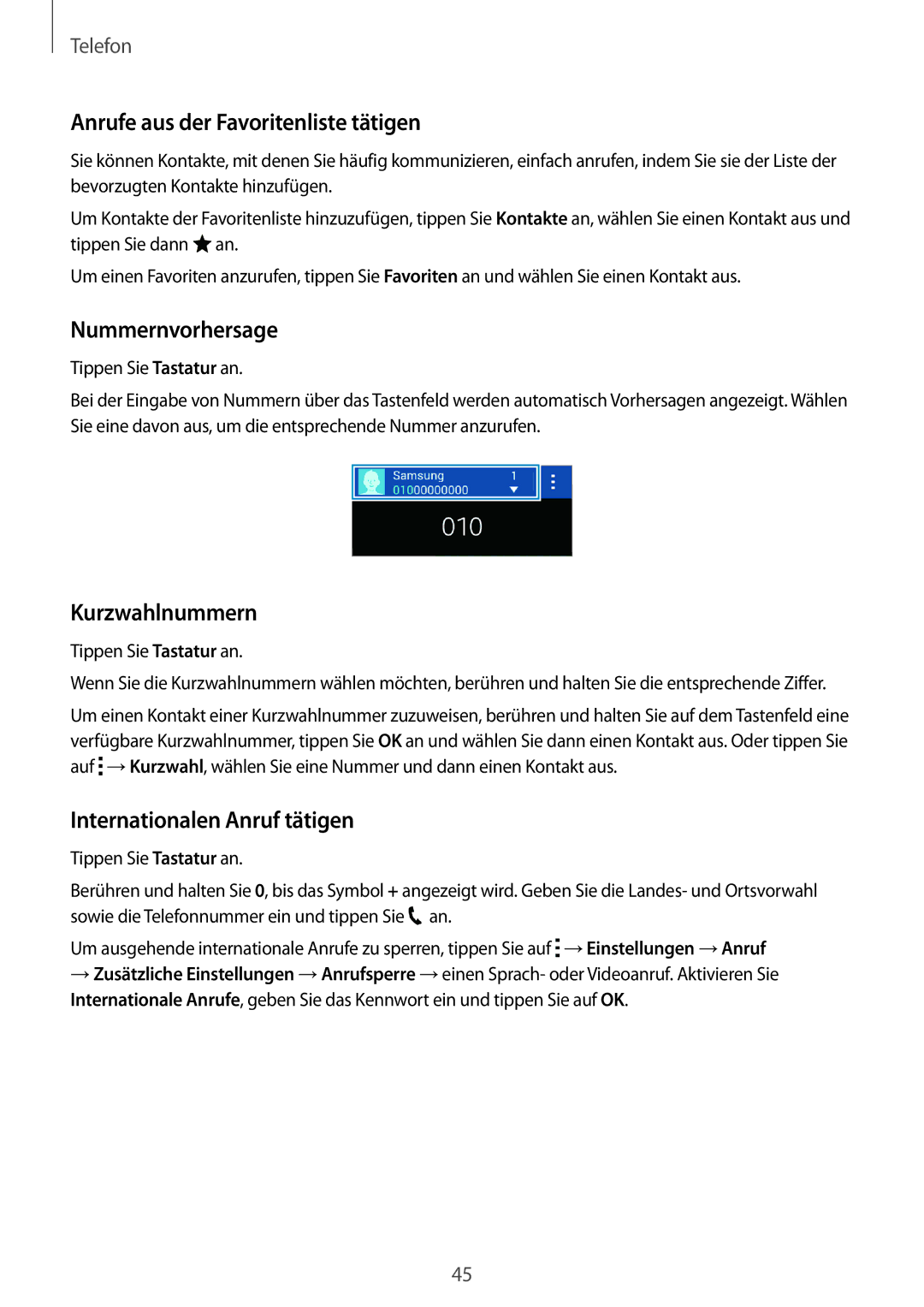 Samsung SM-G313HRWNSEB, SM-G313HRWNDBT manual Anrufe aus der Favoritenliste tätigen, Nummernvorhersage, Kurzwahlnummern 