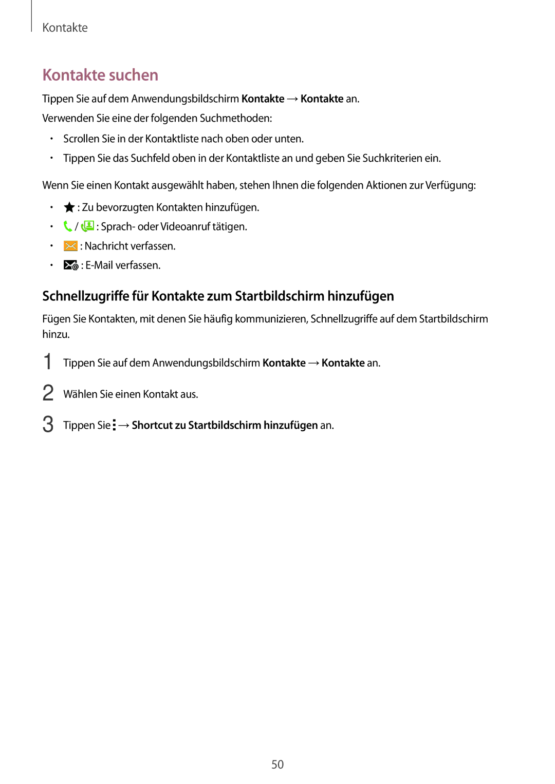 Samsung SM-G313HHANDBT, SM-G313HRWNDBT manual Kontakte suchen, Schnellzugriffe für Kontakte zum Startbildschirm hinzufügen 