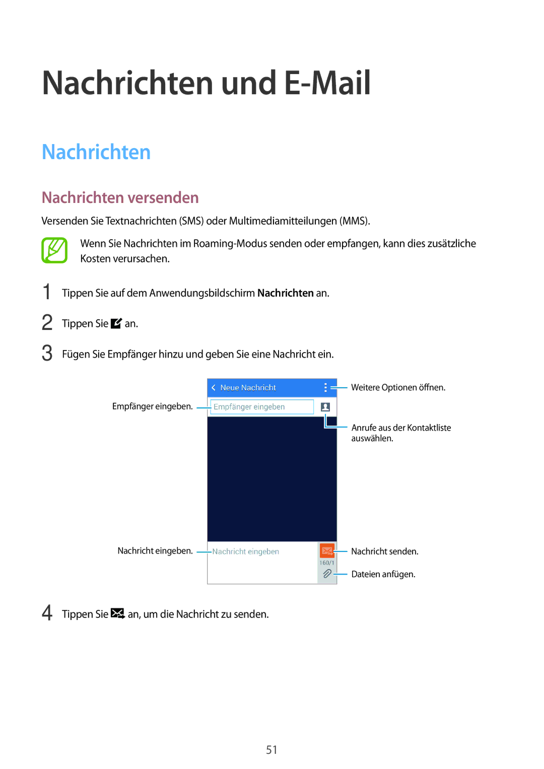 Samsung SM-G313HHANSEB, SM-G313HRWNDBT, SM-G313HRWNSEB, SM-G313HHANDBT manual Nachrichten und E-Mail, Nachrichten versenden 