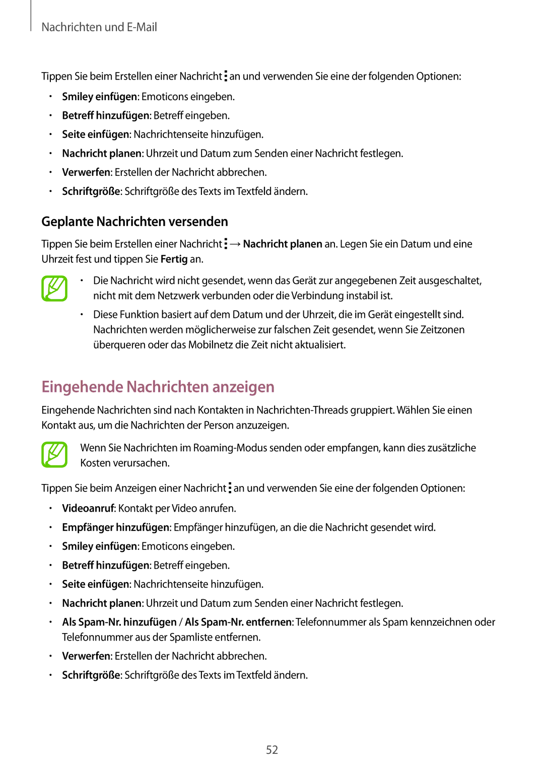 Samsung SM-G313HRWNDBT, SM-G313HRWNSEB, SM-G313HHANDBT manual Eingehende Nachrichten anzeigen, Geplante Nachrichten versenden 