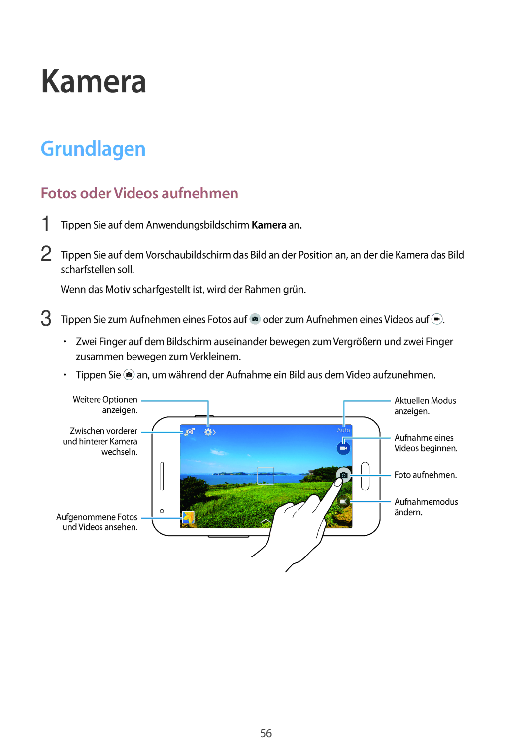 Samsung SM-G313HRWNDBT, SM-G313HRWNSEB, SM-G313HHANDBT, SM-G313HHANSEB manual Kamera, Grundlagen, Fotos oder Videos aufnehmen 