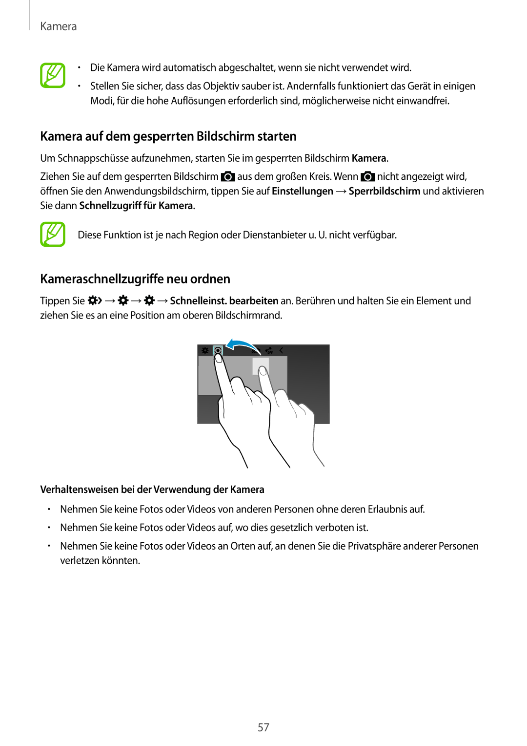 Samsung SM-G313HRWNSEB, SM-G313HRWNDBT manual Kamera auf dem gesperrten Bildschirm starten, Kameraschnellzugriffe neu ordnen 