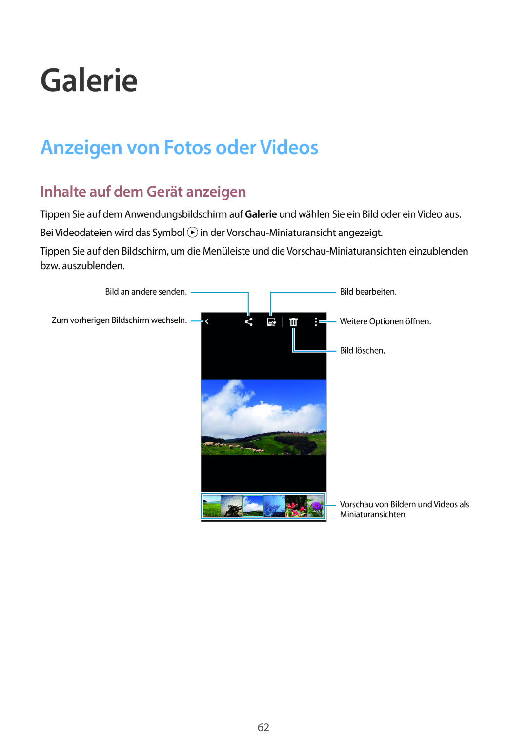 Samsung SM-G313HHANDBT, SM-G313HRWNDBT manual Galerie, Anzeigen von Fotos oder Videos, Inhalte auf dem Gerät anzeigen 