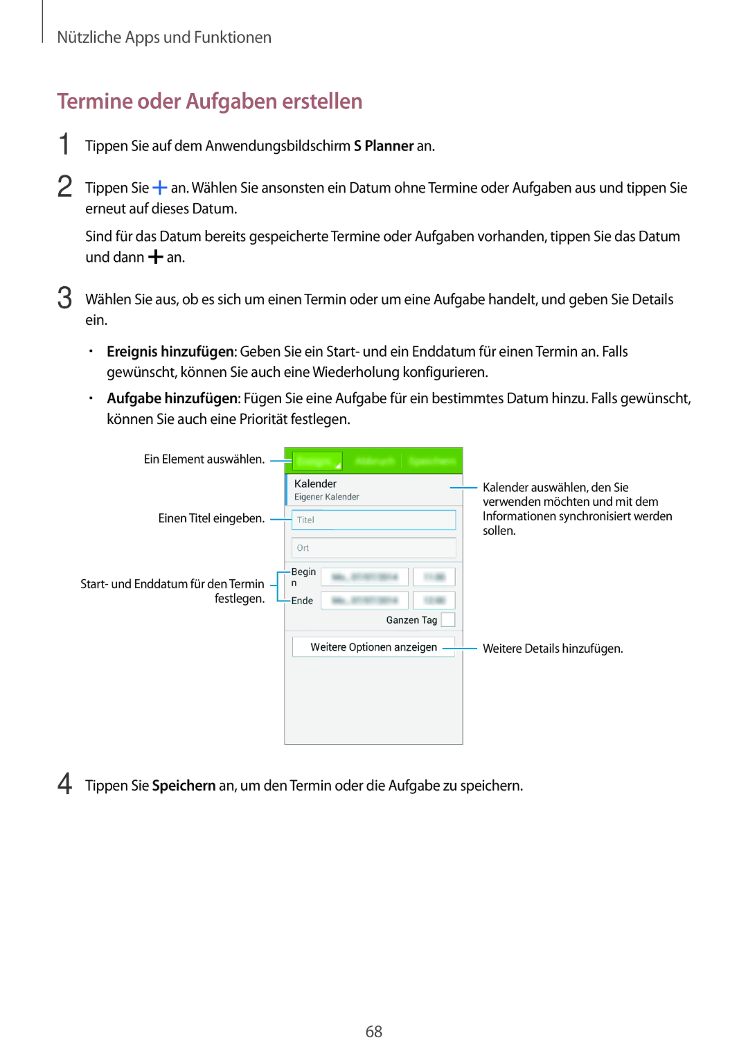 Samsung SM-G313HRWNDBT, SM-G313HRWNSEB, SM-G313HHANDBT, SM-G313HHANSEB manual Termine oder Aufgaben erstellen 