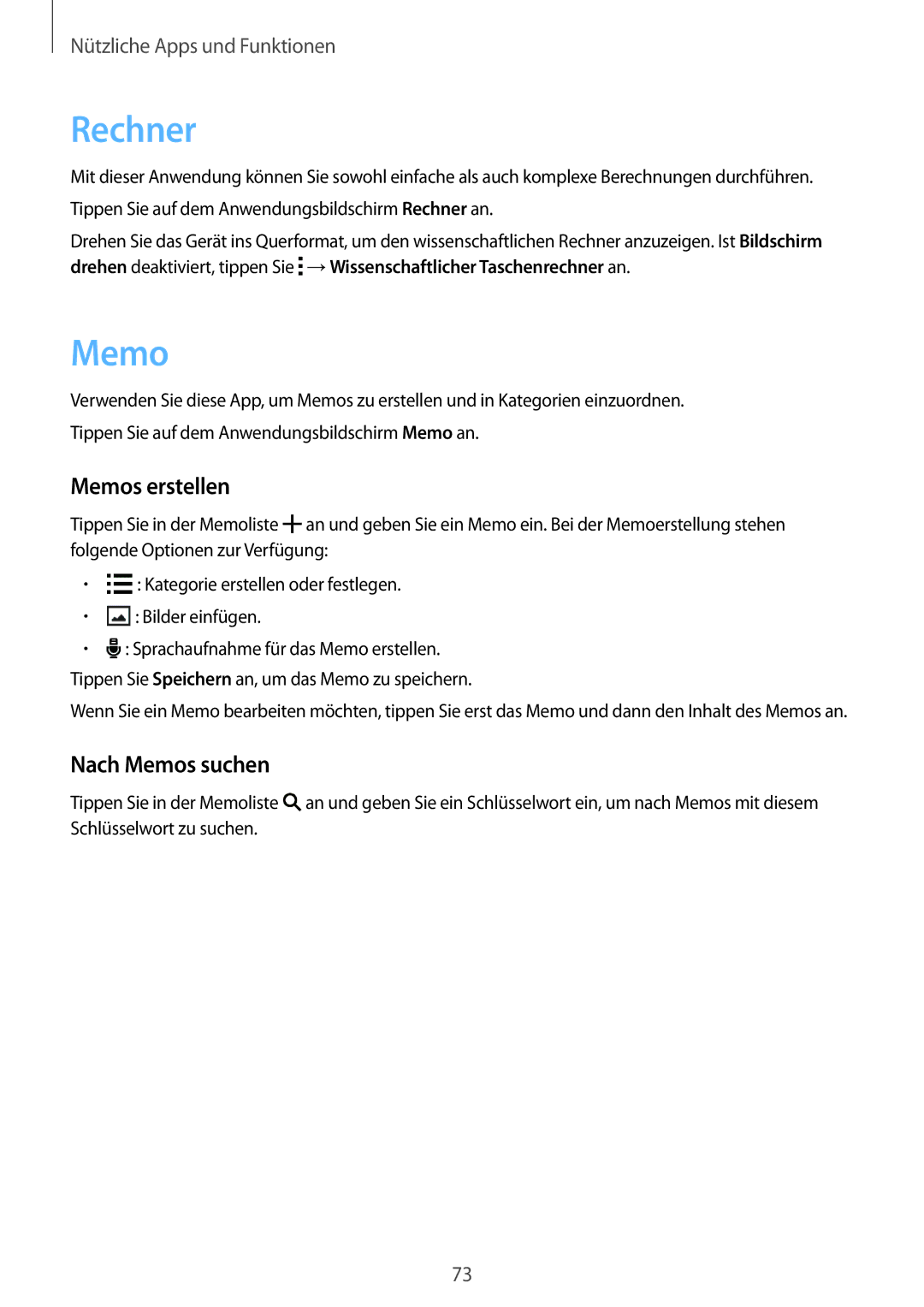 Samsung SM-G313HRWNSEB, SM-G313HRWNDBT, SM-G313HHANDBT, SM-G313HHANSEB manual Rechner, Memos erstellen, Nach Memos suchen 