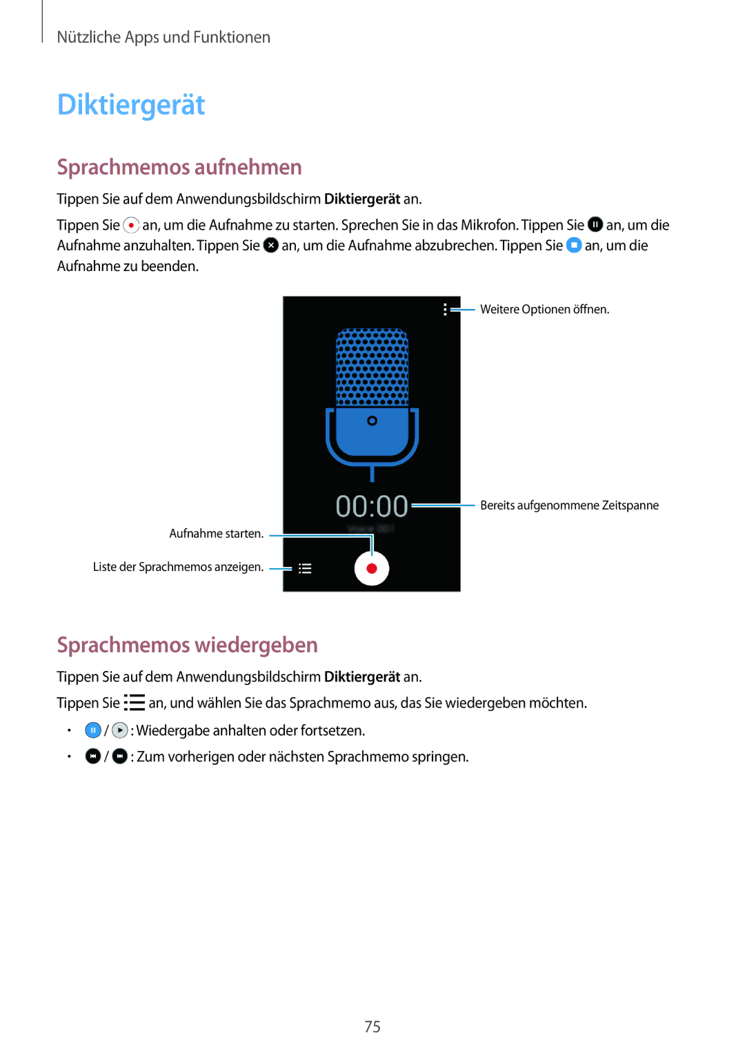 Samsung SM-G313HHANSEB, SM-G313HRWNDBT, SM-G313HRWNSEB manual Diktiergerät, Sprachmemos aufnehmen, Sprachmemos wiedergeben 