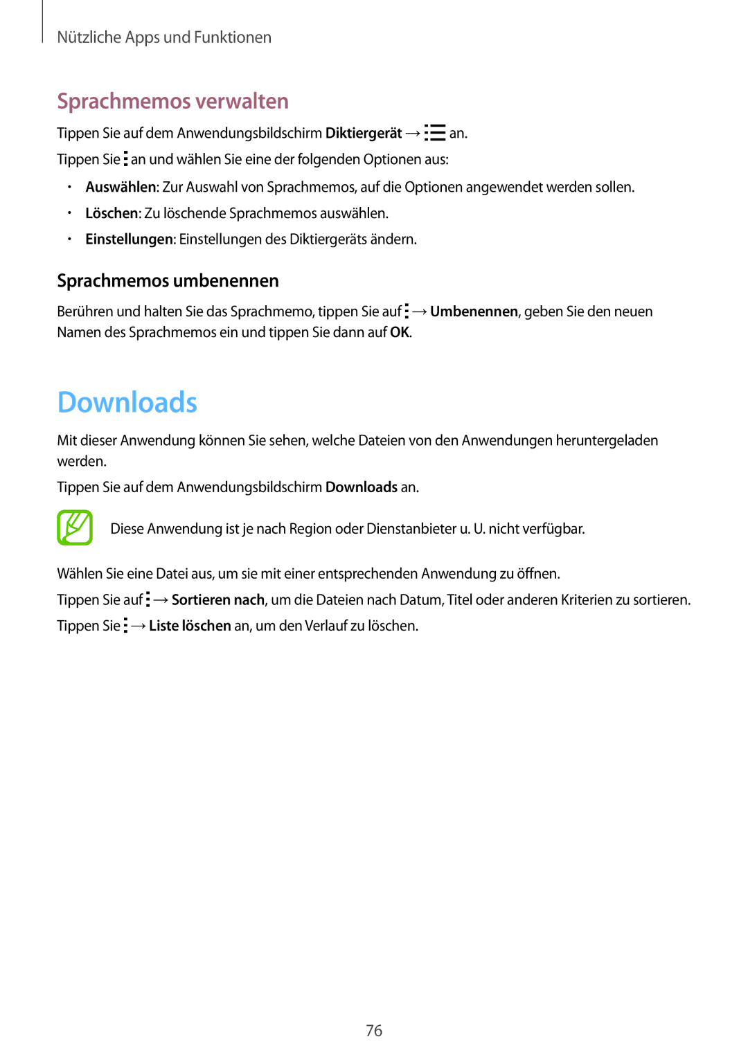 Samsung SM-G313HRWNDBT, SM-G313HRWNSEB, SM-G313HHANDBT manual Downloads, Sprachmemos verwalten, Sprachmemos umbenennen 