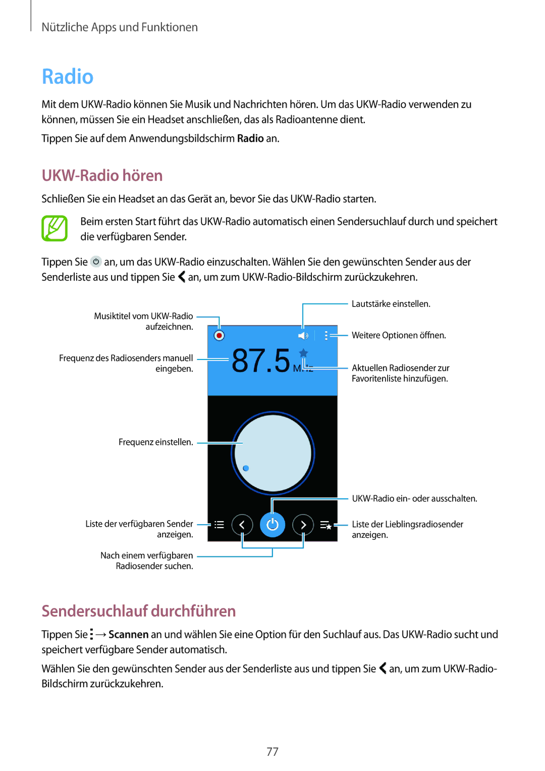 Samsung SM-G313HRWNSEB, SM-G313HRWNDBT, SM-G313HHANDBT, SM-G313HHANSEB manual UKW-Radio hören, Sendersuchlauf durchführen 