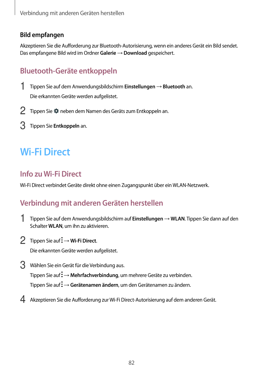 Samsung SM-G313HHANDBT Bluetooth-Geräte entkoppeln, Info zu Wi-Fi Direct, Verbindung mit anderen Geräten herstellen 