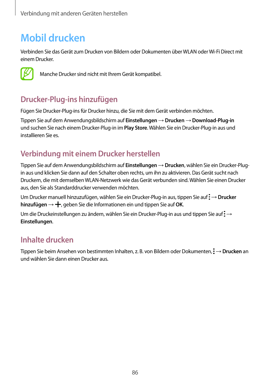 Samsung SM-G313HHANDBT, SM-G313HRWNDBT Mobil drucken, Drucker-Plug-ins hinzufügen, Verbindung mit einem Drucker herstellen 