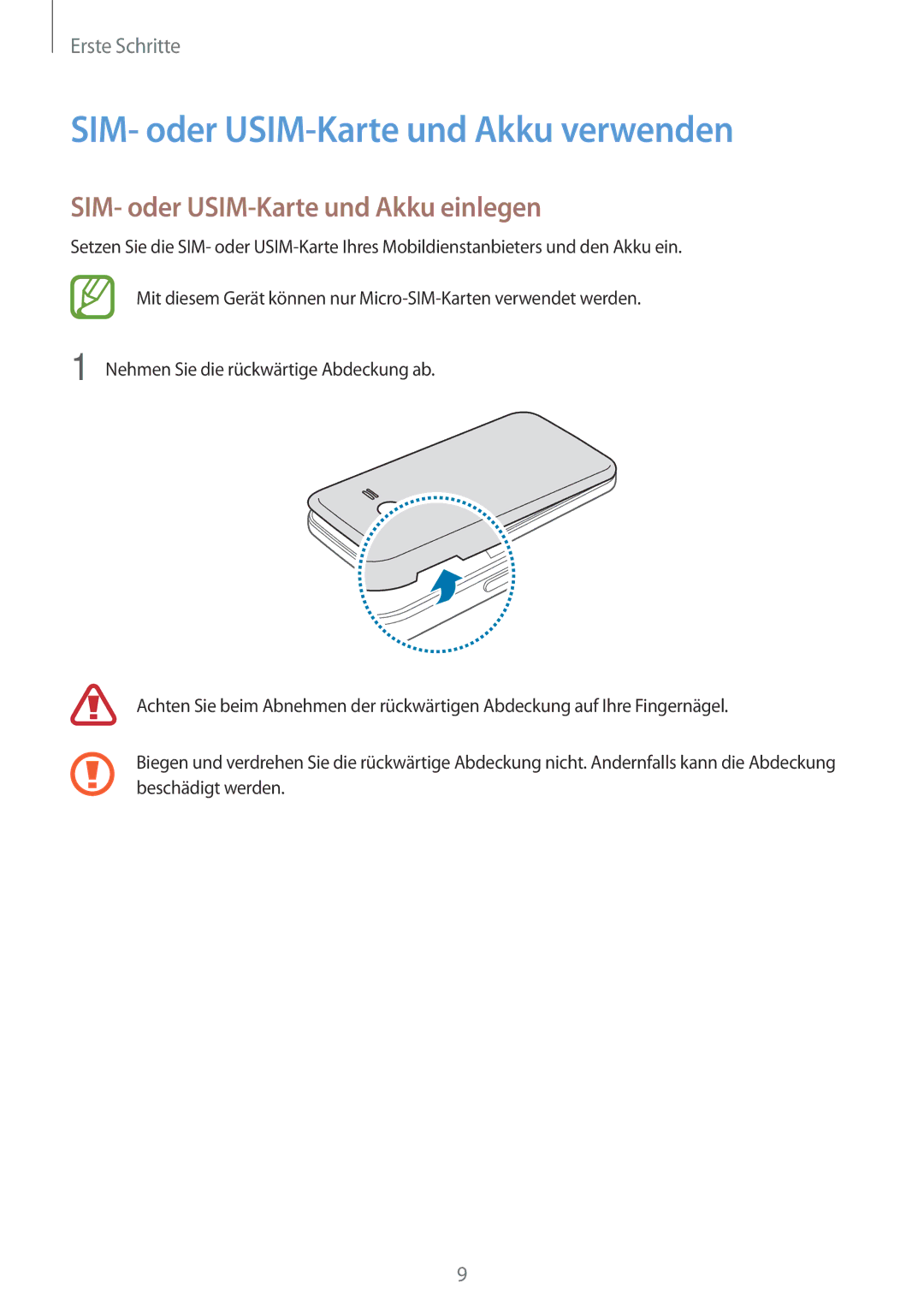 Samsung SM-G313HRWNSEB, SM-G313HRWNDBT SIM- oder USIM-Karte und Akku verwenden, SIM- oder USIM-Karte und Akku einlegen 