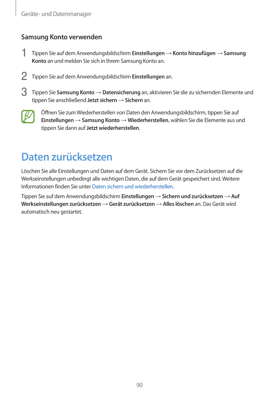 Samsung SM-G313HHANDBT, SM-G313HRWNDBT, SM-G313HRWNSEB, SM-G313HHANSEB manual Daten zurücksetzen, Samsung Konto verwenden 