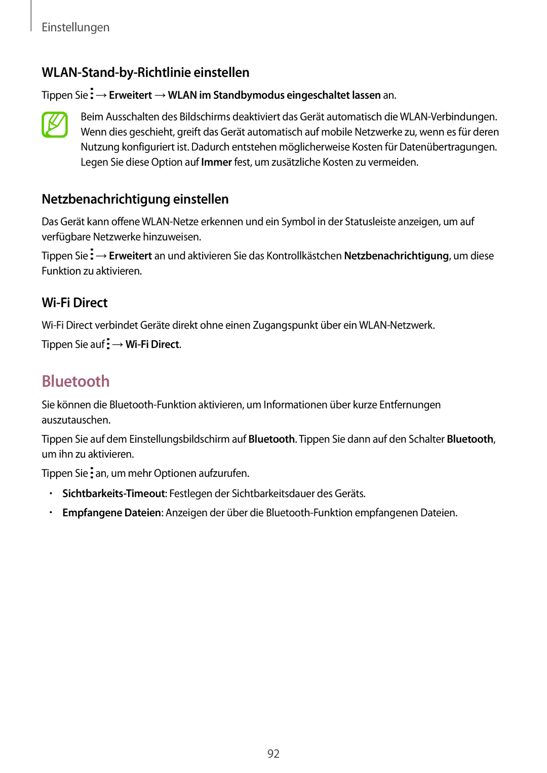 Samsung SM-G313HRWNDBT manual Bluetooth, WLAN-Stand-by-Richtlinie einstellen, Netzbenachrichtigung einstellen, Wi-Fi Direct 