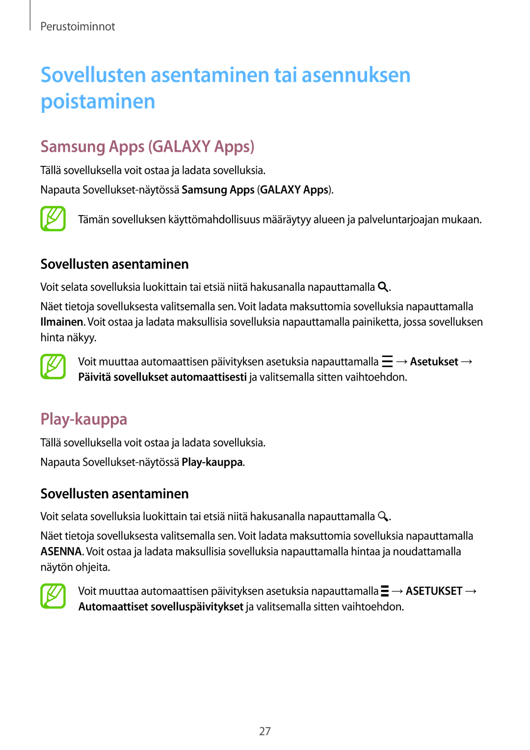 Samsung SM-G313HHANTEN manual Sovellusten asentaminen tai asennuksen poistaminen, Samsung Apps Galaxy Apps, Play-kauppa 