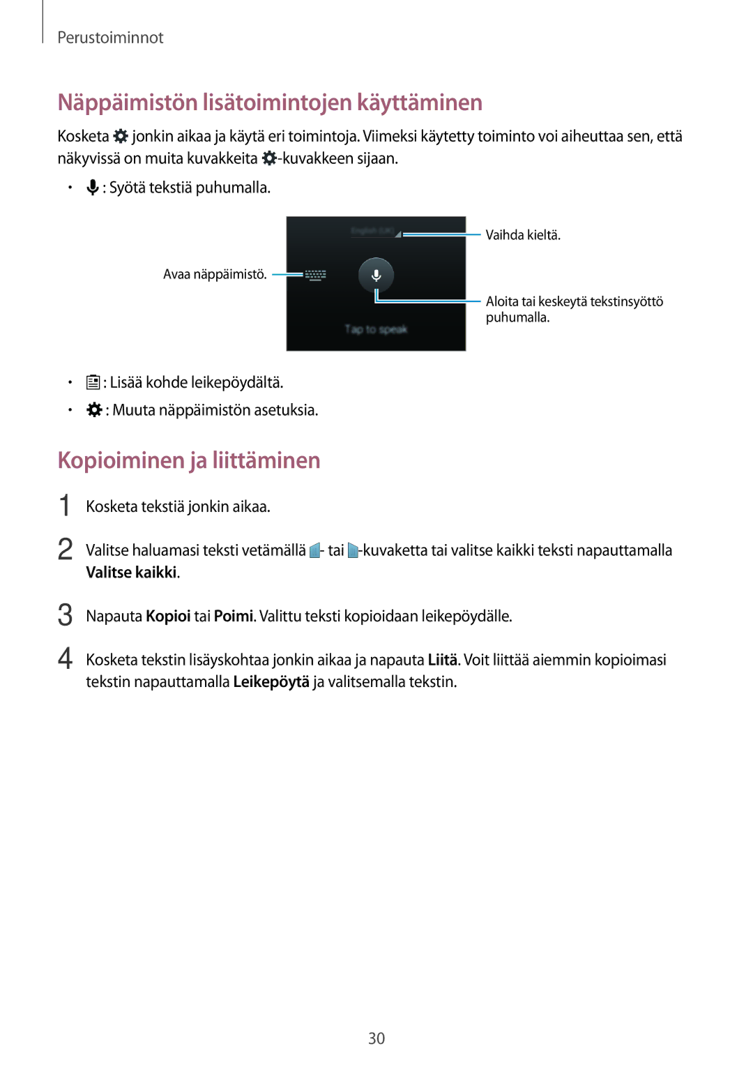 Samsung SM-G313HHANNEE manual Näppäimistön lisätoimintojen käyttäminen, Kopioiminen ja liittäminen, Valitse kaikki 