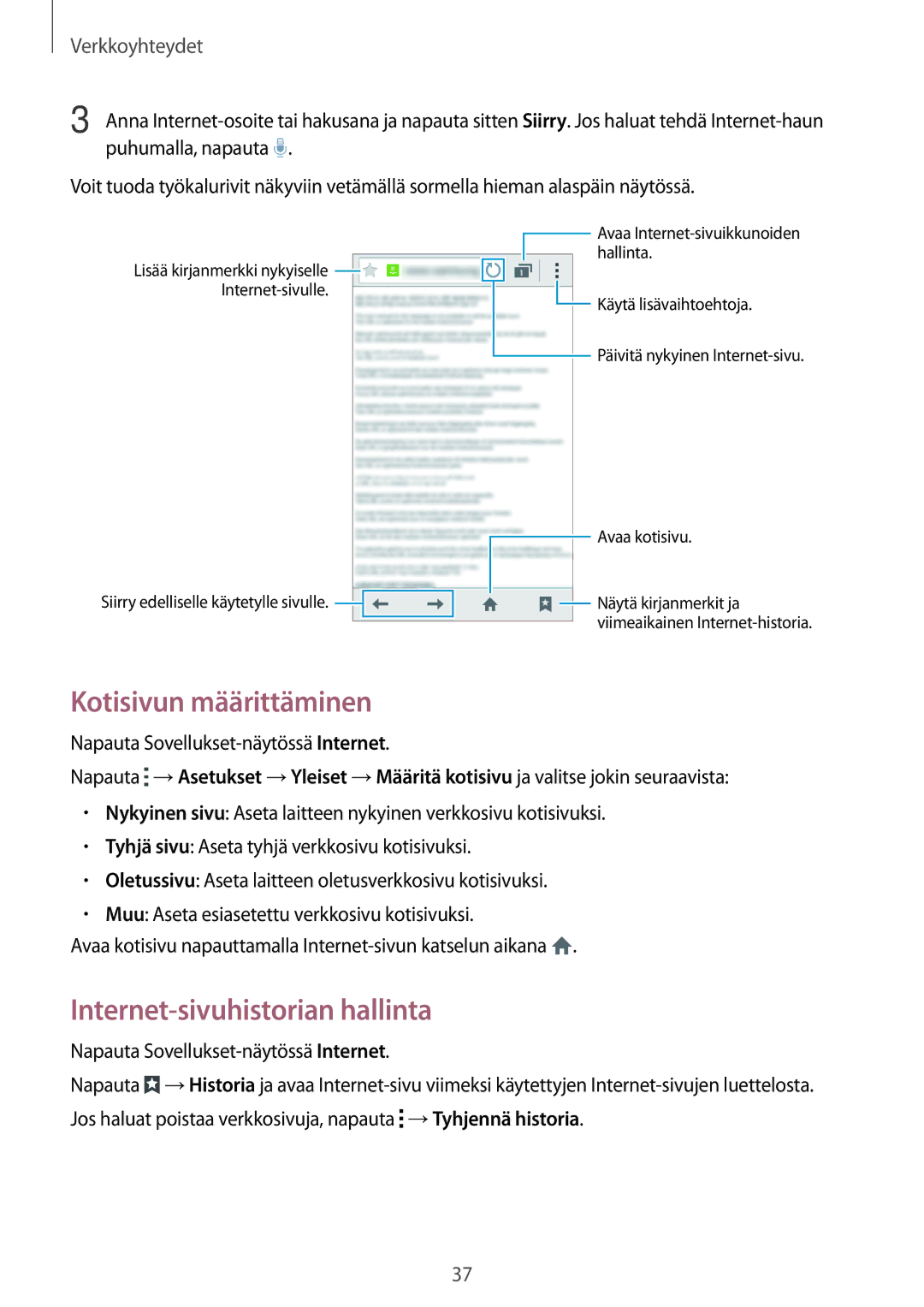 Samsung SM-G313HRWNNEE, SM-G313HRWNTEN, SM-G313HHANNEE manual Kotisivun määrittäminen, Internet-sivuhistorian hallinta 