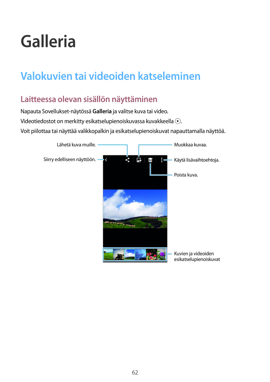 Samsung SM-G313HHANNEE manual Galleria, Valokuvien tai videoiden katseleminen, Laitteessa olevan sisällön näyttäminen 