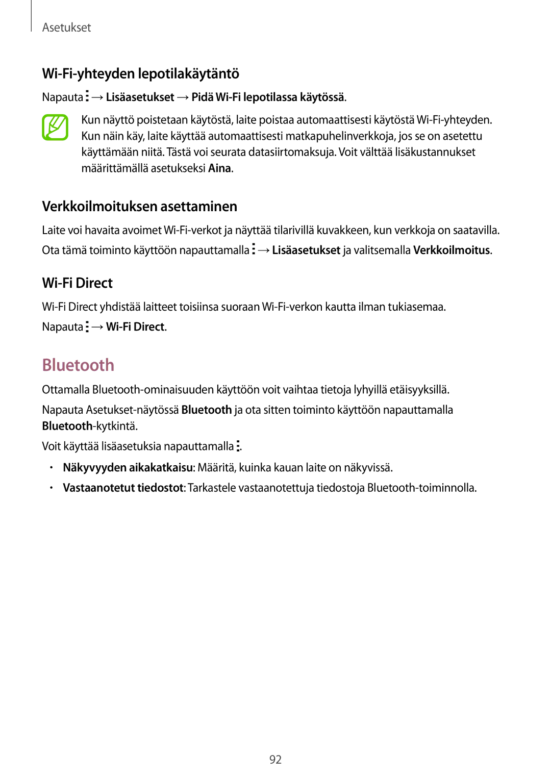 Samsung SM-G313HRWNTEN manual Bluetooth, Wi-Fi-yhteyden lepotilakäytäntö, Verkkoilmoituksen asettaminen, Wi-Fi Direct 