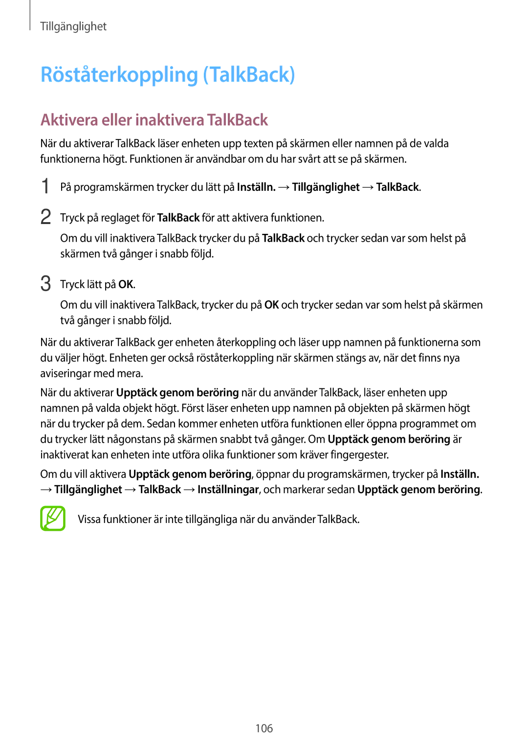 Samsung SM-G313HHANNEE, SM-G313HRWNTEN, SM-G313HRWNNEE manual Röståterkoppling TalkBack, Aktivera eller inaktivera TalkBack 