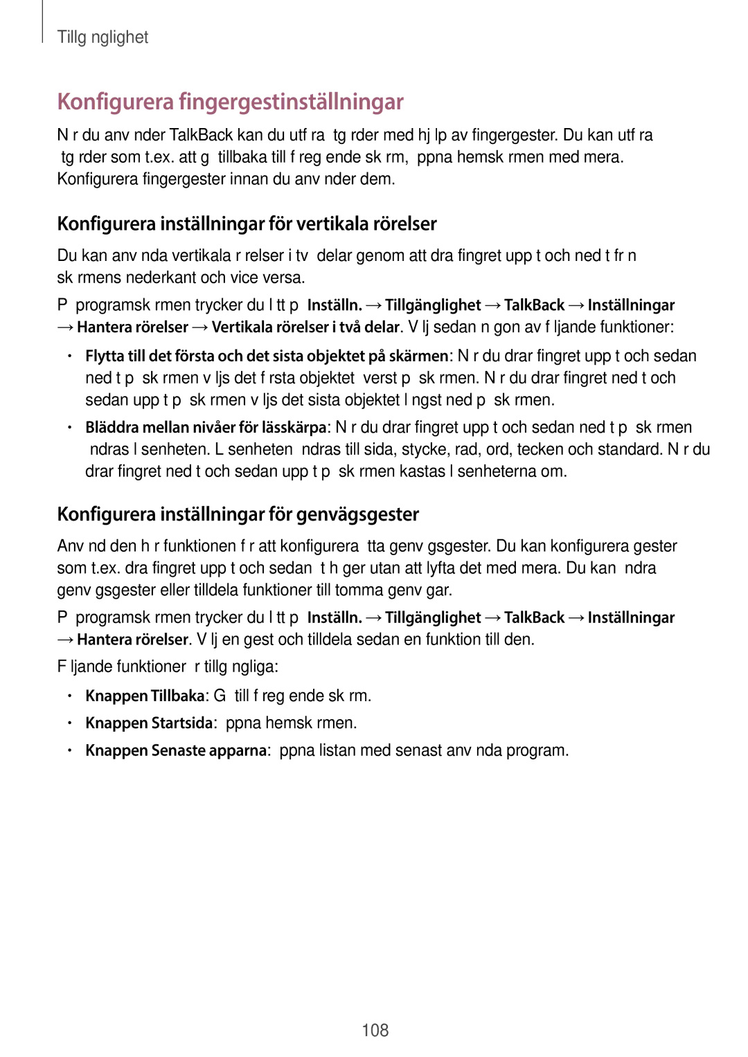 Samsung SM-G313HRWNTEN manual Konfigurera fingergestinställningar, Konfigurera inställningar för vertikala rörelser 