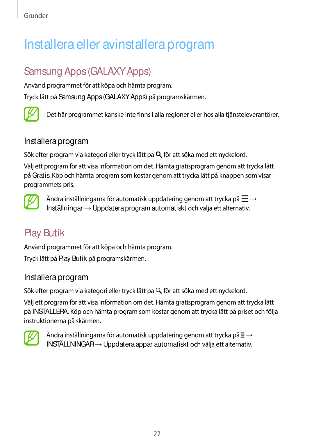 Samsung SM-G313HHANTEN Installera eller avinstallera program, Samsung Apps Galaxy Apps, Play Butik, Installera program 