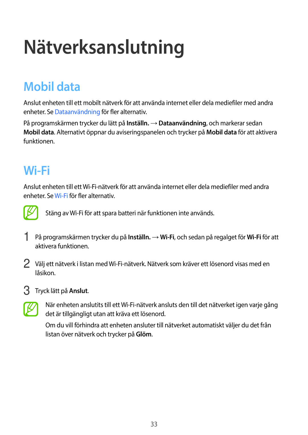 Samsung SM-G313HRWNNEE, SM-G313HRWNTEN, SM-G313HHANNEE, SM-G313HHANTEN manual Nätverksanslutning, Mobil data, Wi-Fi 