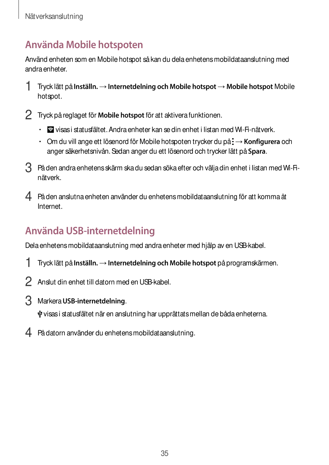 Samsung SM-G313HHANTEN, SM-G313HRWNTEN Använda Mobile hotspoten, Använda USB-internetdelning, Markera USB-internetdelning 