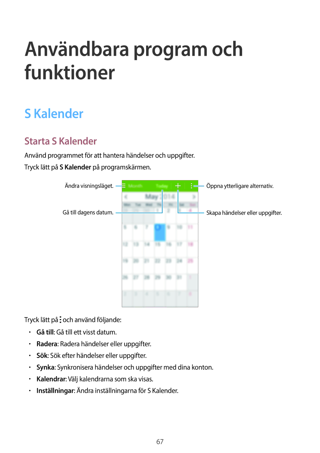 Samsung SM-G313HHANTEN, SM-G313HRWNTEN, SM-G313HRWNNEE manual Användbara program och funktioner, Starta S Kalender 