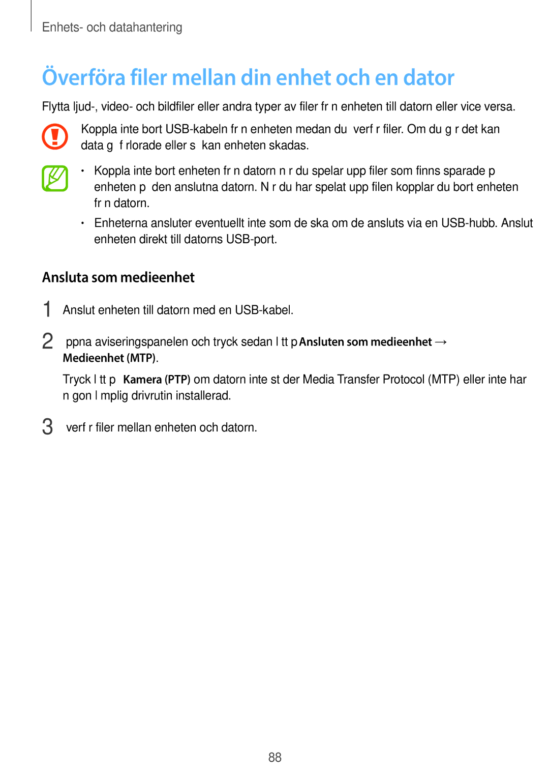 Samsung SM-G313HRWNTEN manual Överföra filer mellan din enhet och en dator, Ansluta som medieenhet, Medieenhet MTP 