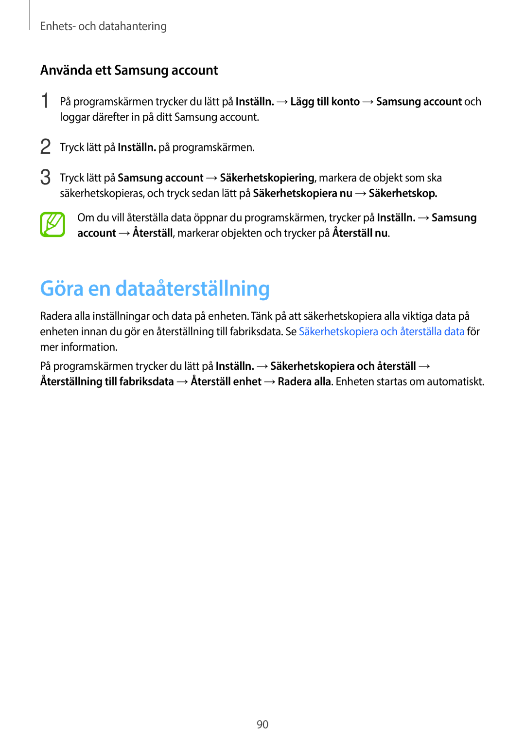 Samsung SM-G313HHANNEE, SM-G313HRWNTEN, SM-G313HRWNNEE manual Göra en dataåterställning, Använda ett Samsung account 