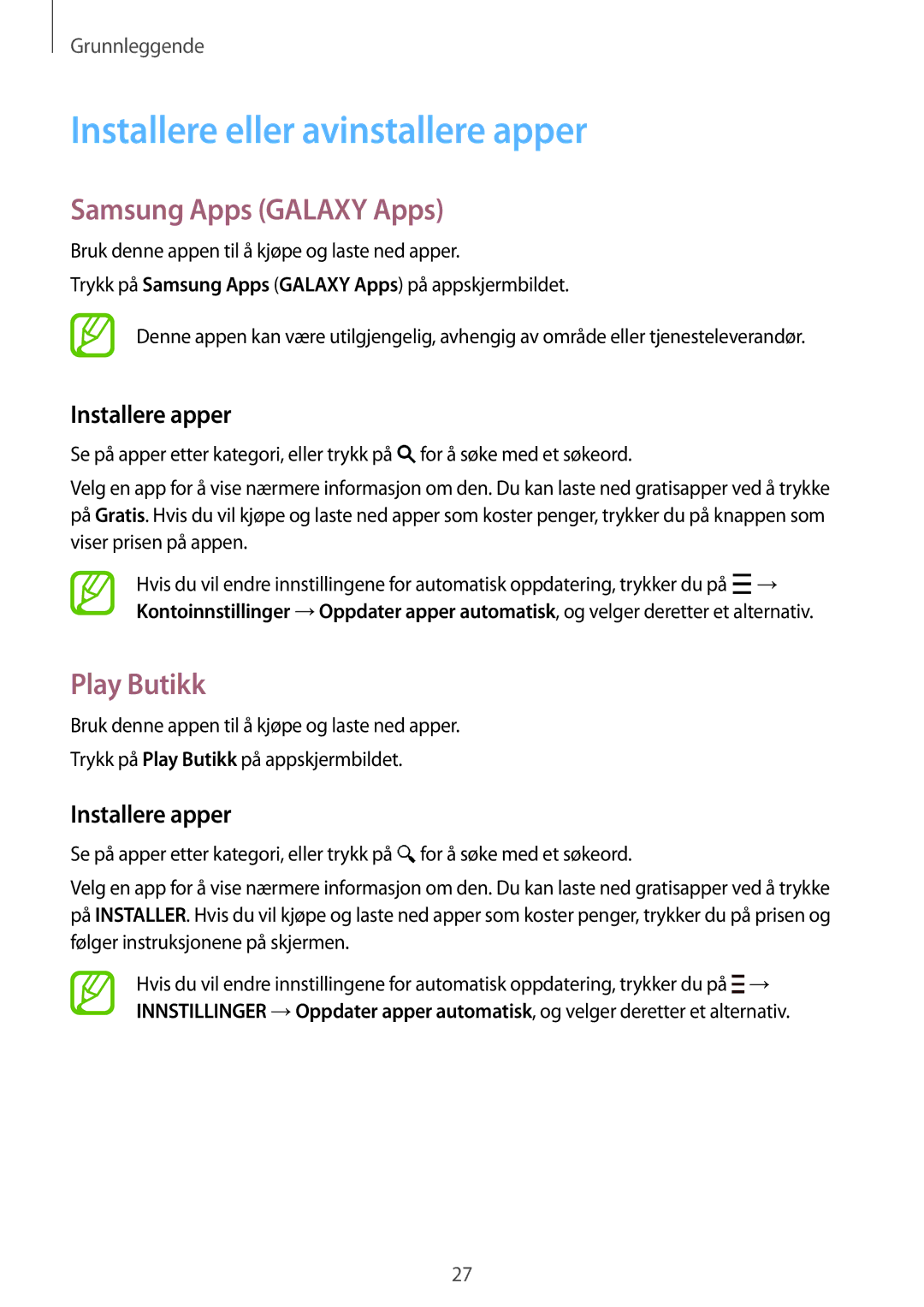 Samsung SM-G313HHANTEN manual Installere eller avinstallere apper, Samsung Apps Galaxy Apps, Play Butikk, Installere apper 