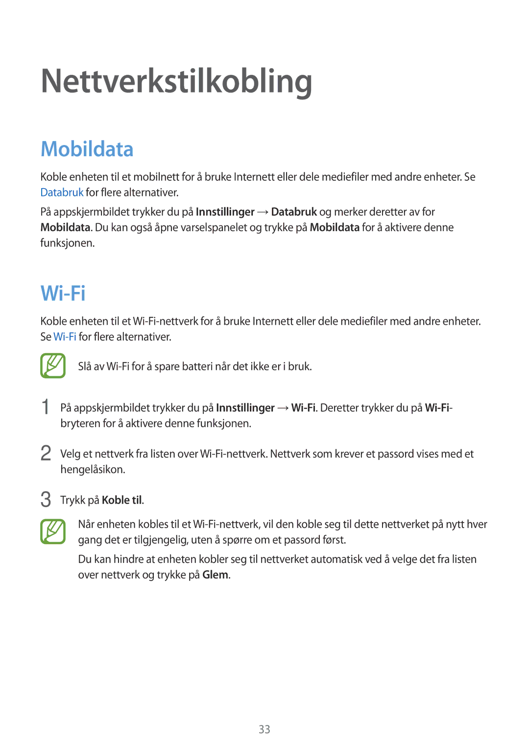 Samsung SM-G313HRWNNEE, SM-G313HRWNTEN, SM-G313HHANNEE, SM-G313HHANTEN manual Nettverkstilkobling, Mobildata, Wi-Fi 