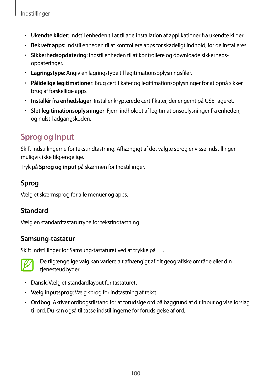 Samsung SM-G313HRWNTEN, SM-G313HRWNNEE, SM-G313HHANNEE, SM-G313HHANTEN manual Sprog og input, Standard, Samsung-tastatur 