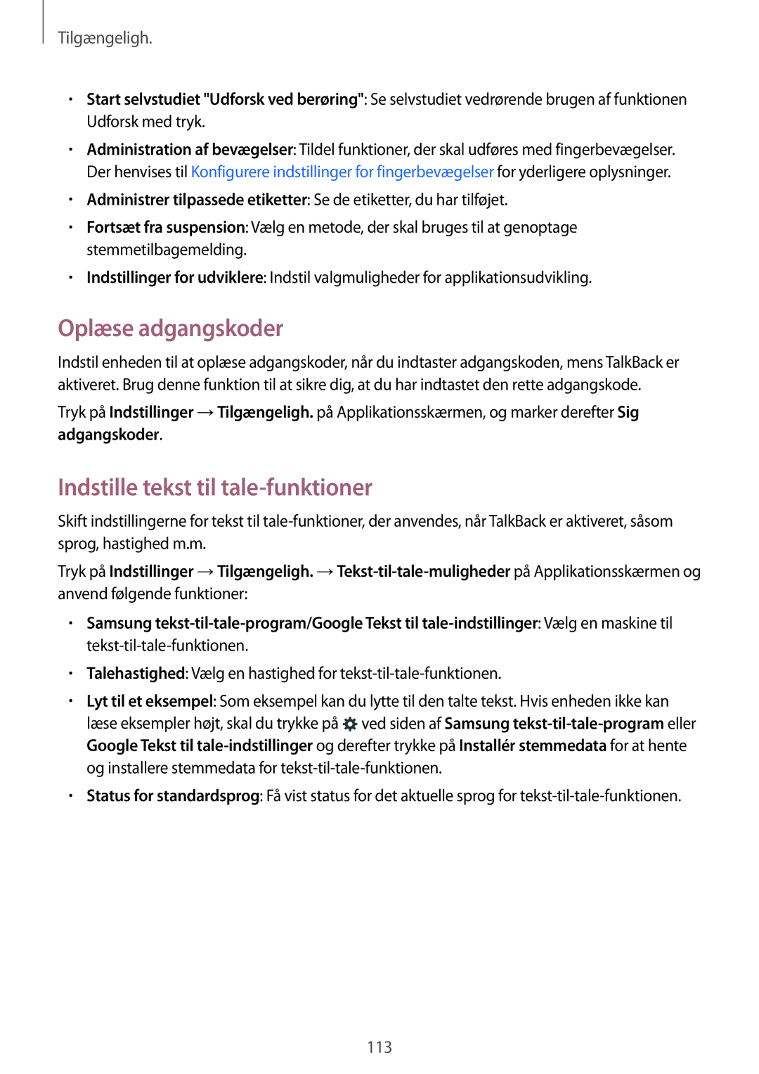 Samsung SM-G313HRWNNEE, SM-G313HRWNTEN, SM-G313HHANNEE manual Oplæse adgangskoder, Indstille tekst til tale-funktioner 