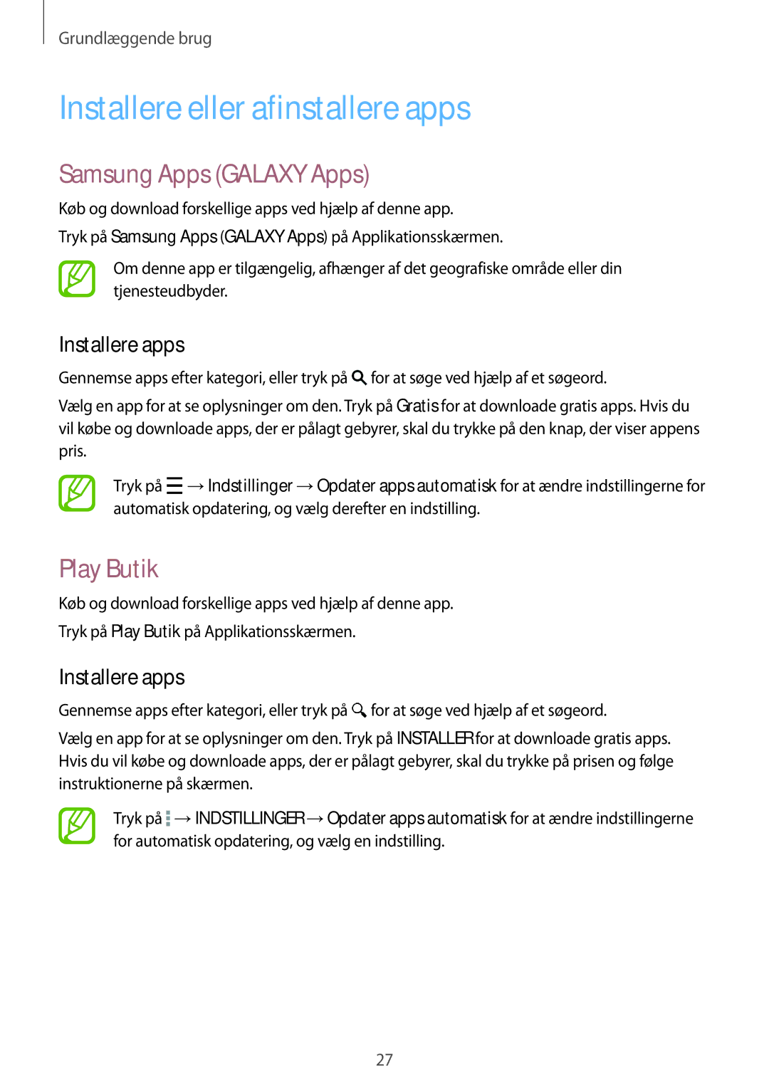Samsung SM-G313HHANTEN manual Installere eller afinstallere apps, Samsung Apps Galaxy Apps, Play Butik, Installere apps 