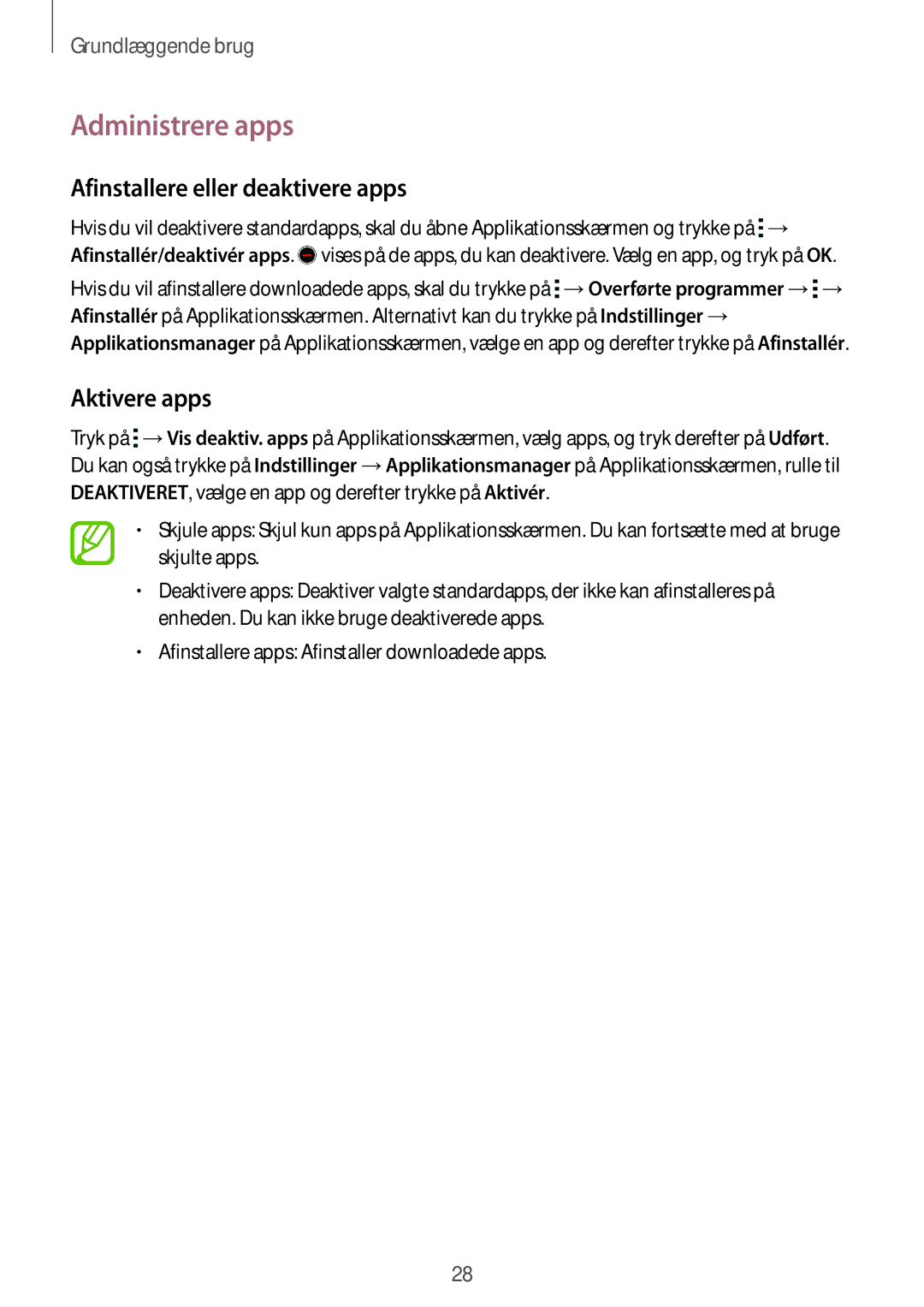 Samsung SM-G313HRWNTEN, SM-G313HRWNNEE, SM-G313HHANNEE Administrere apps, Afinstallere eller deaktivere apps, Aktivere apps 