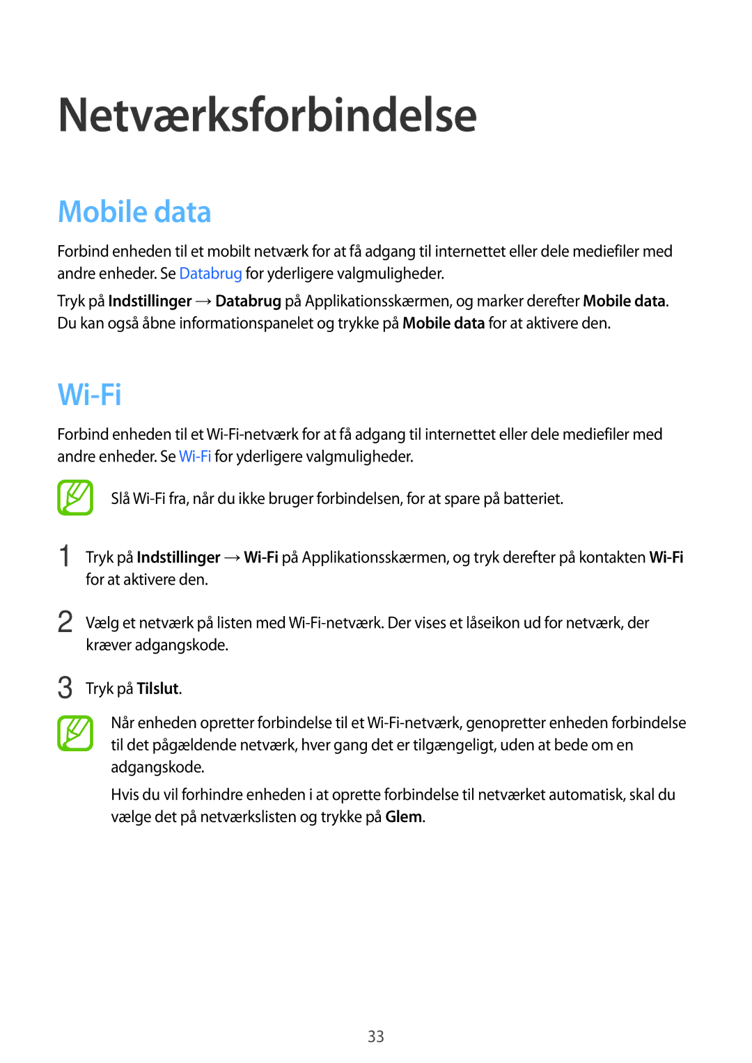 Samsung SM-G313HRWNNEE, SM-G313HRWNTEN, SM-G313HHANNEE, SM-G313HHANTEN manual Netværksforbindelse, Mobile data, Wi-Fi 