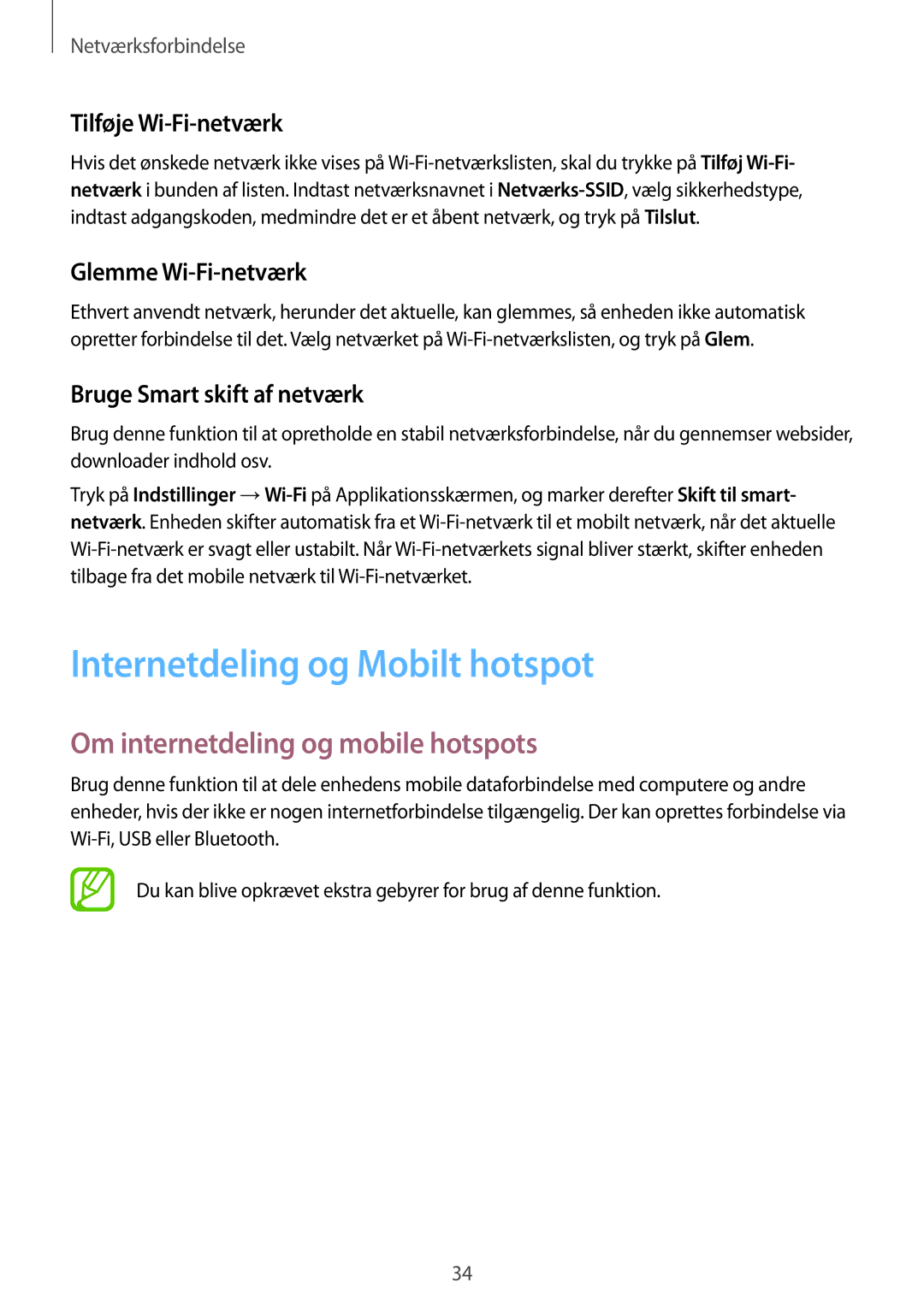 Samsung SM-G313HHANNEE manual Internetdeling og Mobilt hotspot, Om internetdeling og mobile hotspots, Tilføje Wi-Fi-netværk 