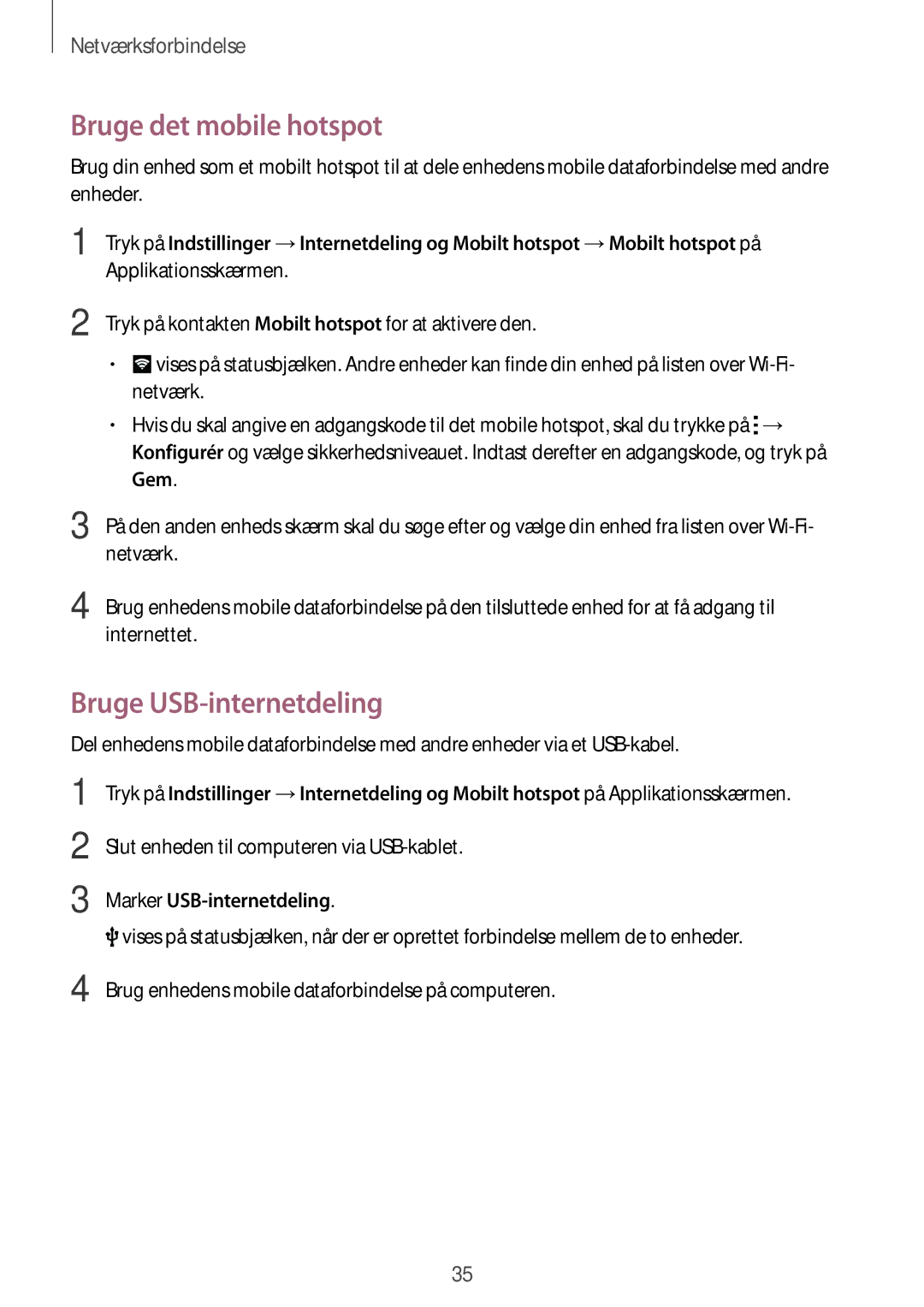 Samsung SM-G313HHANTEN, SM-G313HRWNTEN manual Bruge det mobile hotspot, Bruge USB-internetdeling, Marker USB-internetdeling 